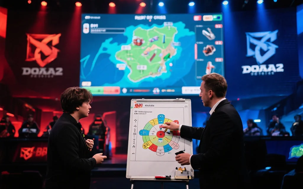 DOTA2比赛现场，分析师正在用战术板讲解新BP策略，屏幕上显示地图与装备变化